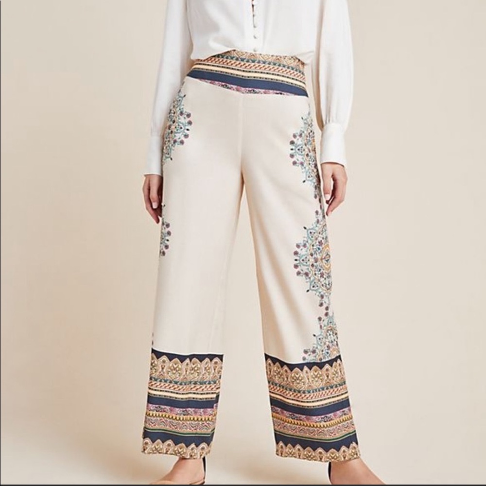 FARM RIO FOR ANTHROPOLOGIE SATIN WIDE-LEG PANTS